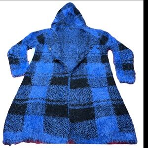 Blue black FUZZY SOFT KNIT LONG Cardigan Snap SWEATER JACKET pockets Hood, Small